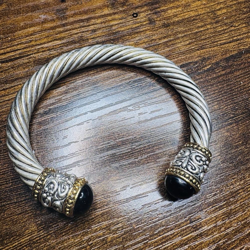 Vintage Twisted Cable Cuff Bracelet Black Stone Silver Tone Heavy 56.3g